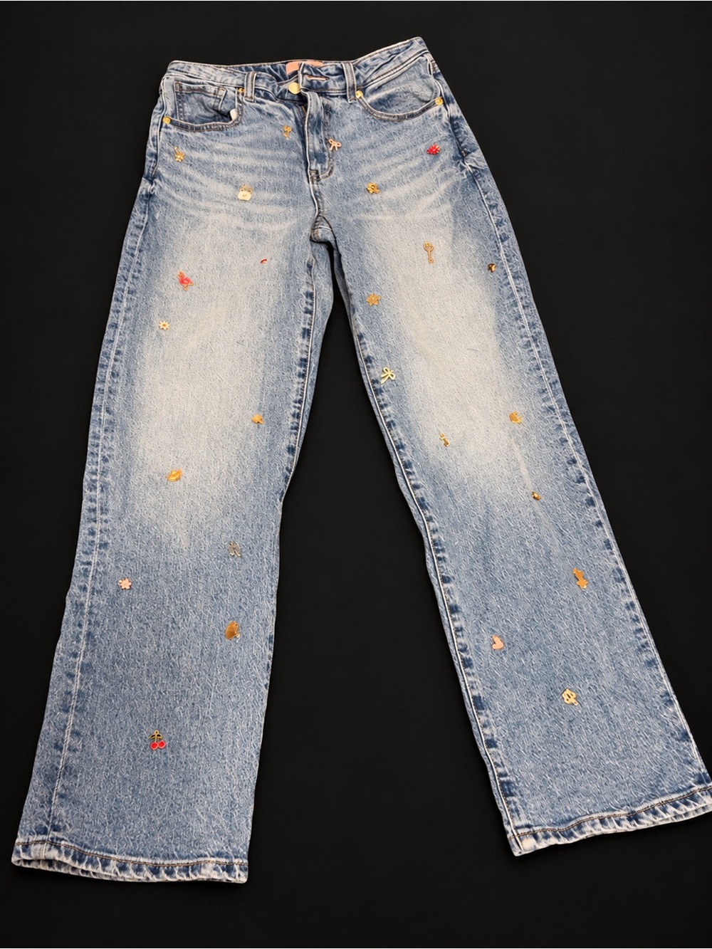 Juicy Couture Light Wash Wide Leg Jeans with Gold & Pink Accents